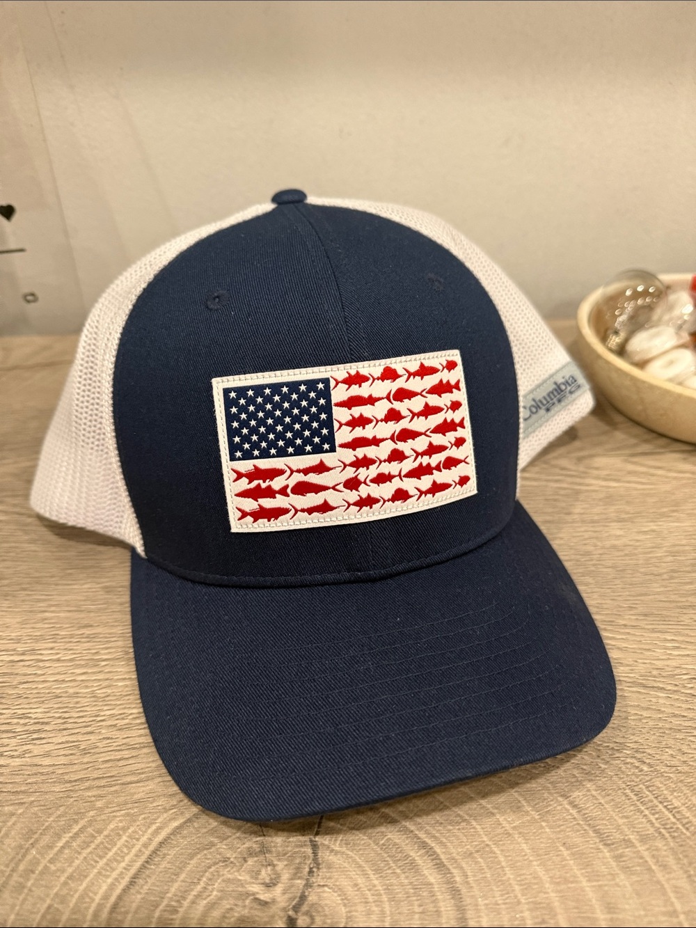 Columbia Navy and White Trucker Hat with Fish Flag Patch